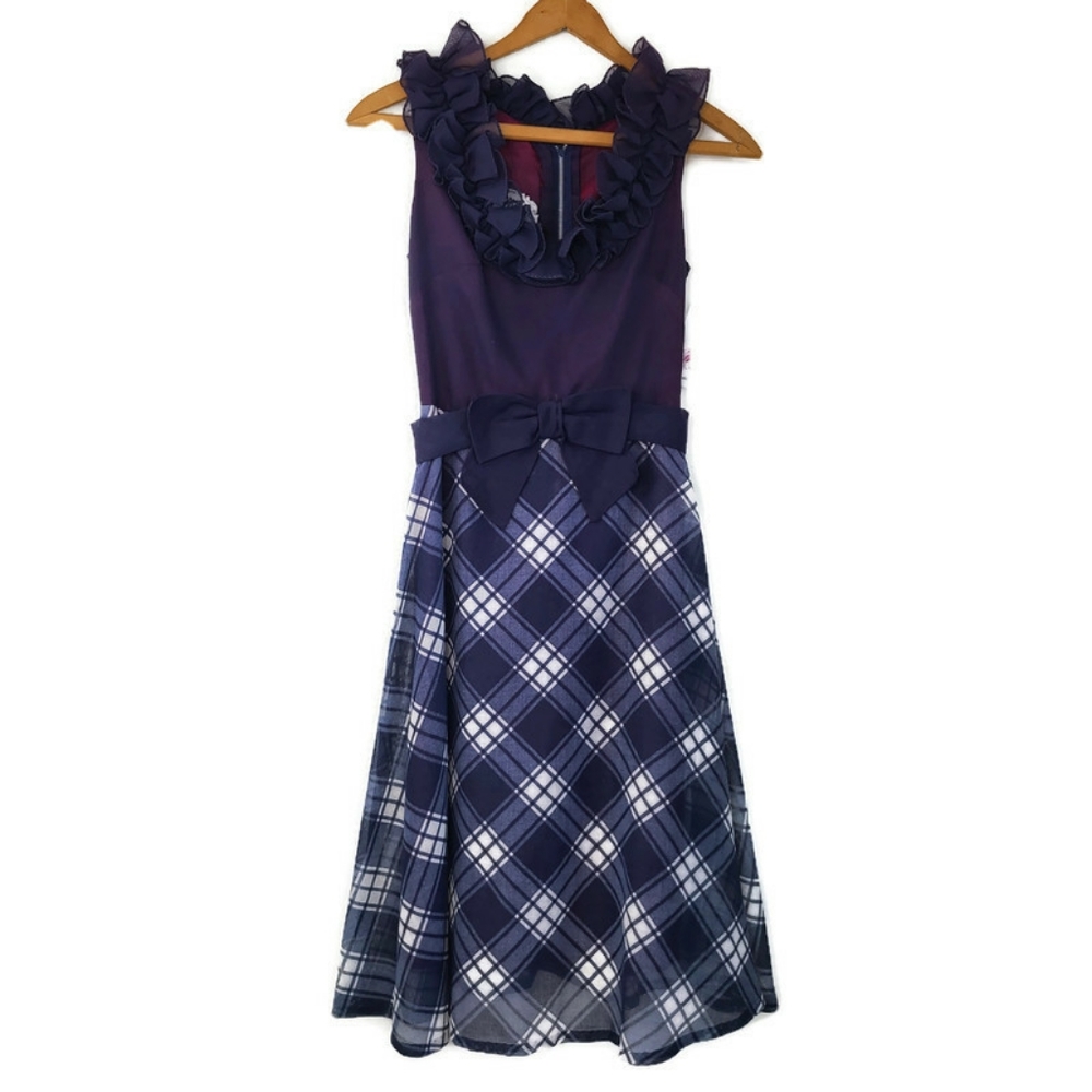 1960s Ruffle Neck Plaid Vintage Dress Size XS